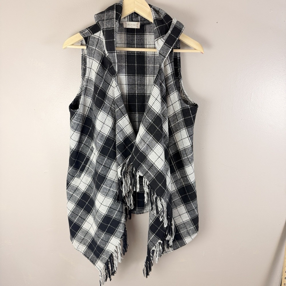 Allard State Womens Hooded Vest Medium Black White Plaid Fringe Open Front
